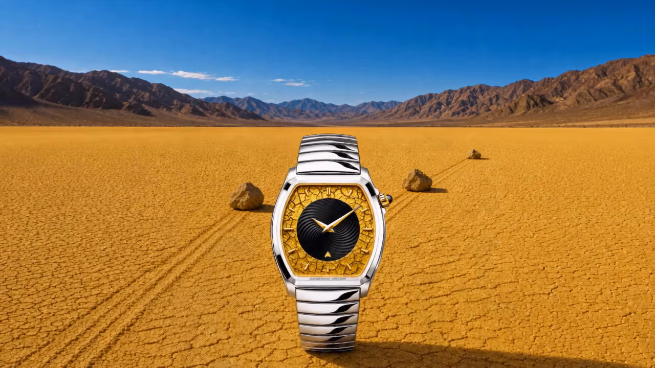La montre Sailing Stones posée sur le Racetrack Playa près d’une pierre errante et de ses traces, la scène passant du plein jour au crépuscule puis à la playa inondée sous la lune, avant le retour du jour.