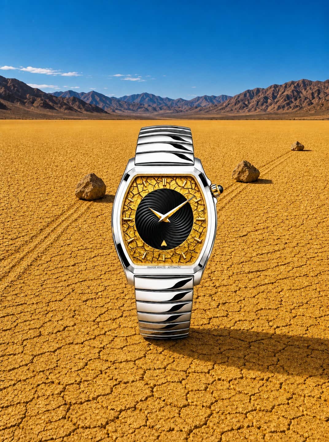 La montre Sailing Stones posée sur le Racetrack Playa en plein jour, les pierres errantes et leurs longues traces gravées dans la terre craquelée jusqu’aux montagnes.