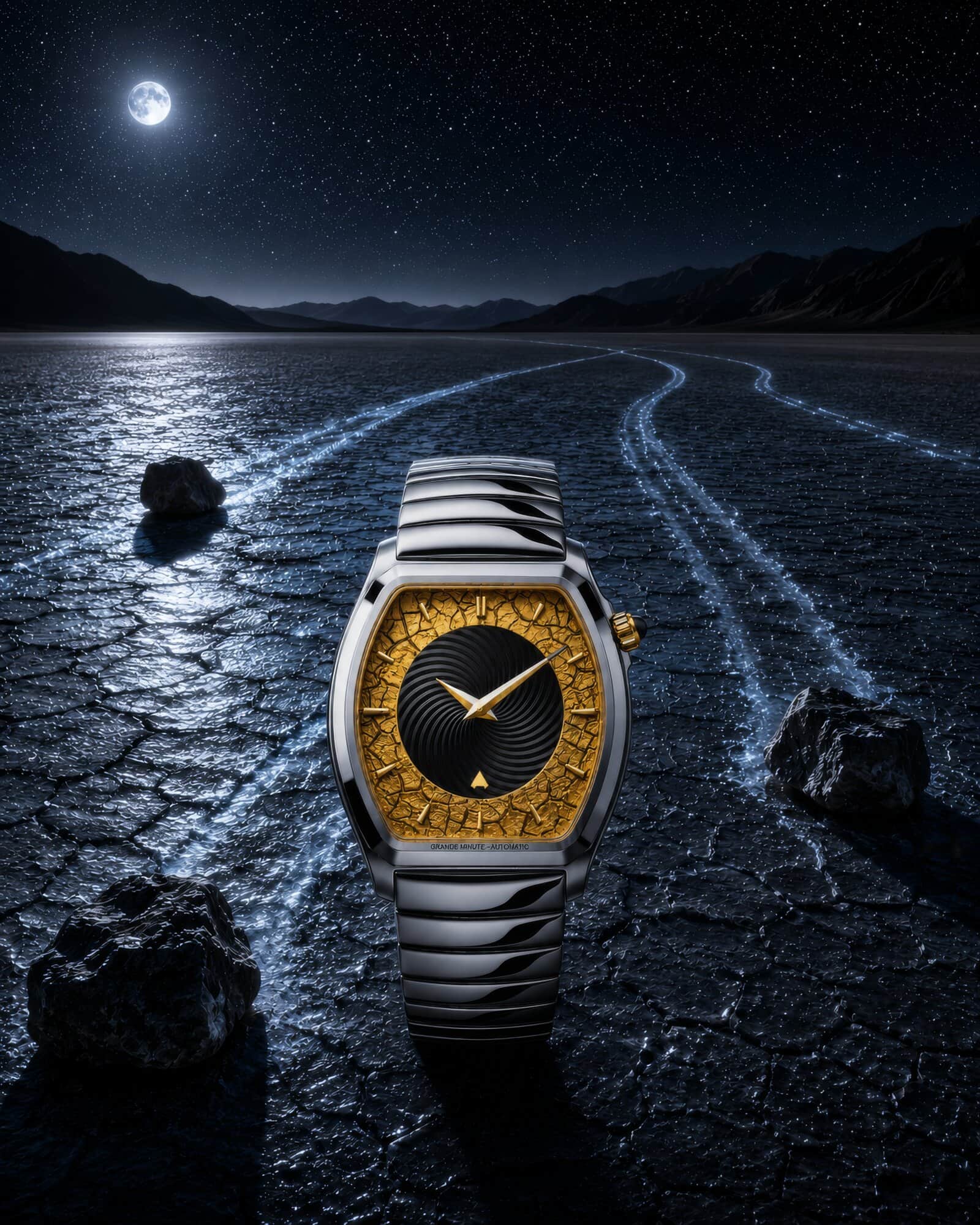 La montre Sailing Stones posée sur le Racetrack Playa la nuit, sous la pleine lune, les traces gelées des pierres errantes luisant derrière elle sur le lit craquelé.