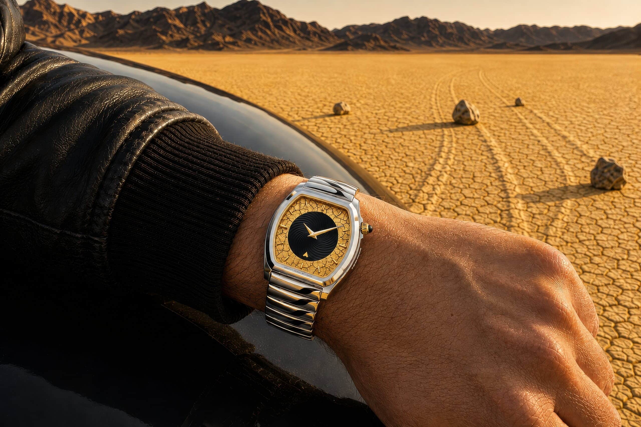 La montre Sailing Stones portée au poignet à l’heure dorée sur le Racetrack Playa, son bracelet acier extensible au bras et les longues traces des pierres filant vers les montagnes.